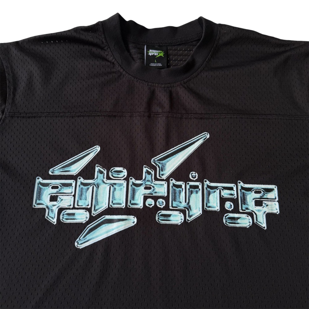 Empyre Mens Black Mesh Jersey Cyber Y2K Chrome Graphic Streetwear Shirt Large